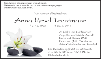 Traueranzeige von Anna Ursel Trentmann von Rüsselsheimer Echo, Groß-Gerauer-Echo, Ried Echo
