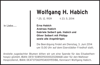 Traueranzeige von Wolfgang Habich von Echo-Zeitungen (Gesamtausgabe)