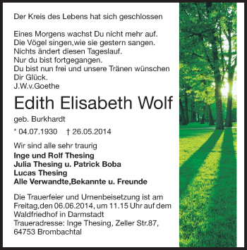 Traueranzeige von Edith Elisabeth Wolf von Echo-Zeitungen (Gesamtausgabe)