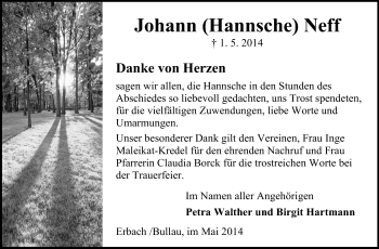 Traueranzeige von Johann Neff von Odenwälder Echo