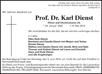 Traueranzeige von Karl Dienst von Echo-Zeitungen (Gesamtausgabe)