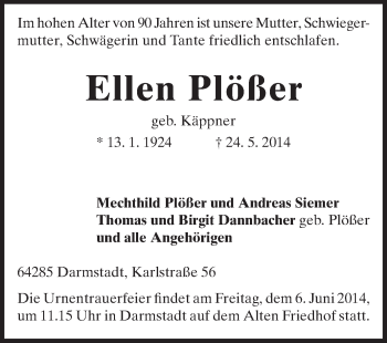 Traueranzeige von Ellen Plößer von Echo-Zeitungen (Gesamtausgabe)