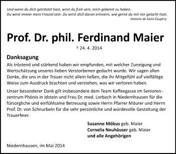 Traueranzeige von Ferdinand Maier von Odenwälder Echo