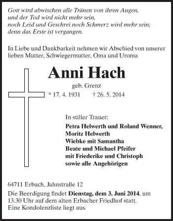 Traueranzeige von Anni Hach von Odenwälder Echo