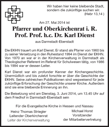 Traueranzeige von Karl Dienst von Echo-Zeitungen (Gesamtausgabe)