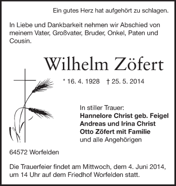 Traueranzeige von Wilhelm Zöfert von Rüsselsheimer Echo, Groß-Gerauer-Echo, Ried Echo