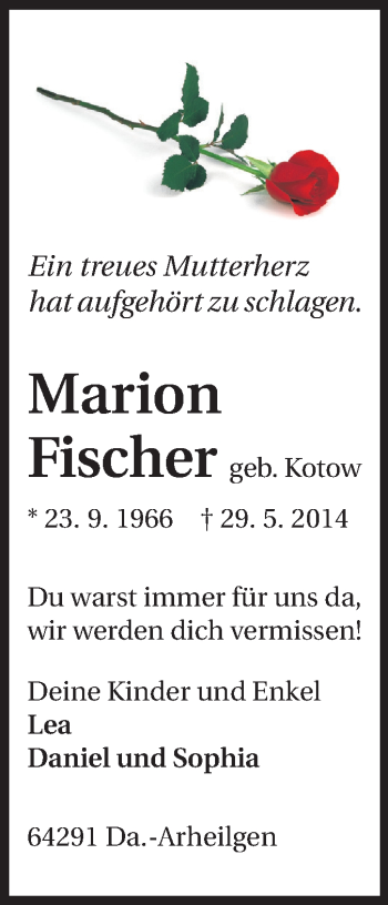 Traueranzeige von Marion Fischer von Echo-Zeitungen (Gesamtausgabe)