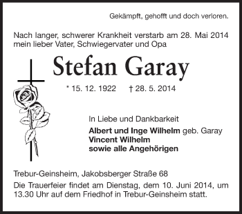 Traueranzeige von Stefan Garay von Rüsselsheimer Echo, Groß-Gerauer-Echo, Ried Echo