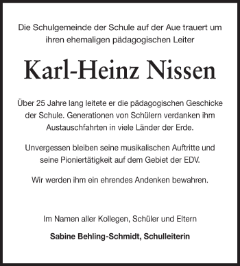 Traueranzeige von Karl-Heinz Nissen von Echo-Zeitungen (Gesamtausgabe)