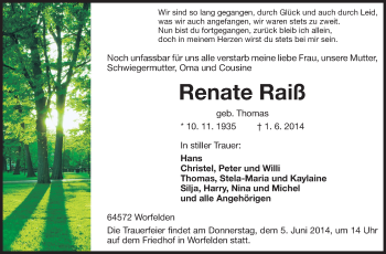 Traueranzeige von Renate Raiß von Rüsselsheimer Echo, Groß-Gerauer-Echo, Ried Echo
