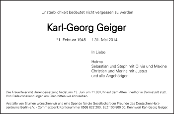 Traueranzeige von Karl-Georg Geiger von Echo-Zeitungen (Gesamtausgabe)