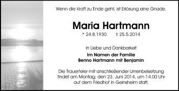 Traueranzeige von Maria Hartmann von Rüsselsheimer Echo, Groß-Gerauer-Echo, Ried Echo