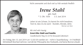 Traueranzeige von Irene Stahl von Echo-Zeitungen (Gesamtausgabe)