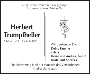 Traueranzeige von Herbert Trumpfheller von Odenwälder Echo
