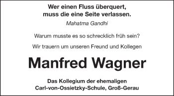 Traueranzeige von Manfred Wagner von Rüsselsheimer Echo, Groß-Gerauer-Echo, Ried Echo
