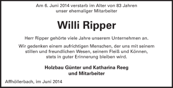 Traueranzeige von Willi Ripper von Odenwälder Echo