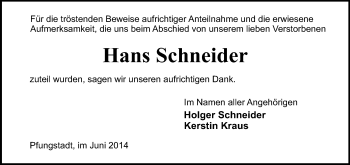 Traueranzeige von Hans Schneider von Echo-Zeitungen (Gesamtausgabe)