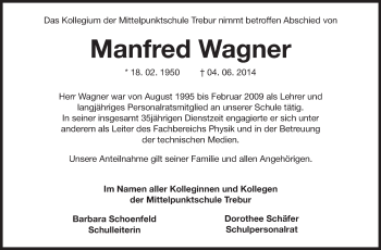 Traueranzeige von Manfred Wagner von Rüsselsheimer Echo, Groß-Gerauer-Echo, Ried Echo