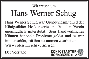 Traueranzeige von Hans Werner Schug von Rüsselsheimer Echo, Groß-Gerauer-Echo, Ried Echo