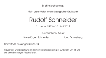 Traueranzeige von Rudolf Schneider von Darmstädter Echo, Odenwälder Echo, Rüsselsheimer Echo, Groß-Gerauer-Echo, Ried Echo