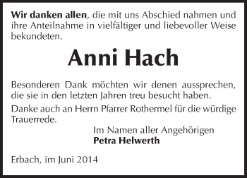 Traueranzeige von Anni Hach von Odenwälder Echo