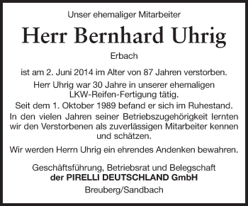 Traueranzeige von Bernhard Uhrig von Odenwälder Echo