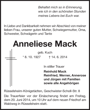 Traueranzeige von Anneliese Mack von Rüsselsheimer Echo, Groß-Gerauer-Echo, Ried Echo