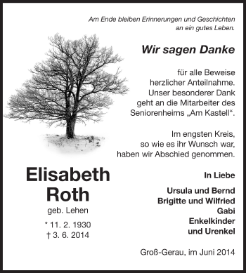 Traueranzeige von Elisabeth Roth von Rüsselsheimer Echo, Groß-Gerauer-Echo, Ried Echo