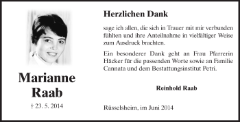 Traueranzeige von Marianne Raab von Rüsselsheimer Echo, Groß-Gerauer-Echo, Ried Echo