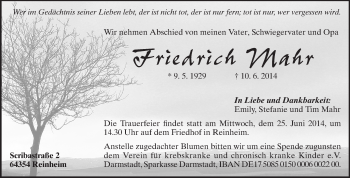 Traueranzeige von Friedrich Mahr von Darmstädter Echo, Odenwälder Echo, Rüsselsheimer Echo, Groß-Gerauer-Echo, Ried Echo