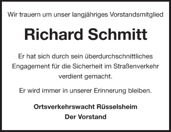 Traueranzeige von Richard Schmitt von Rüsselsheimer Echo, Groß-Gerauer-Echo, Ried Echo