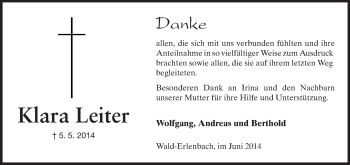 Traueranzeige von Klara Leiter von Starkenburger Echo
