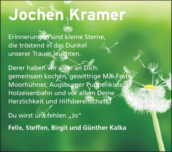 Traueranzeige von Jochen Kramer von Rüsselsheimer Echo, Groß-Gerauer-Echo, Ried Echo