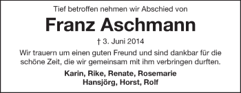 Traueranzeige von Franz Aschmann von Echo-Zeitungen (Gesamtausgabe)