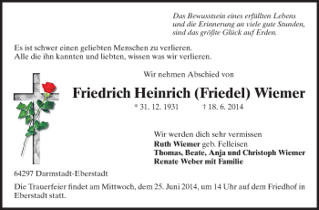 Traueranzeige von Friedrich Heinrich Wiemer von Echo-Zeitungen (Gesamtausgabe)