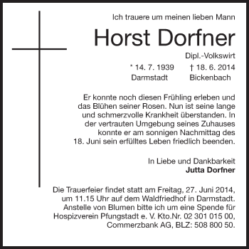 Traueranzeige von Horst Dorfner von Echo-Zeitungen (Gesamtausgabe)