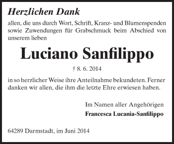Traueranzeige von Luciano Sanfilippo von Echo-Zeitungen (Gesamtausgabe)