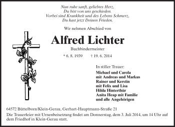 Traueranzeige von Alfred Lichter von Rüsselsheimer Echo, Groß-Gerauer-Echo, Ried Echo