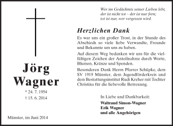 Traueranzeige von Jörg Wagner von Echo-Zeitungen (Gesamtausgabe)