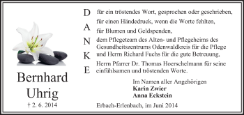 Traueranzeige von Bernhard Uhrig von Odenwälder Echo