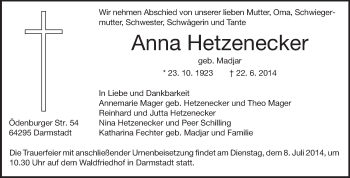 Traueranzeige von Anna Hetzenecker von Echo-Zeitungen (Gesamtausgabe)