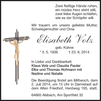 Traueranzeige von Elisabeth Volz von Echo-Zeitungen (Gesamtausgabe)