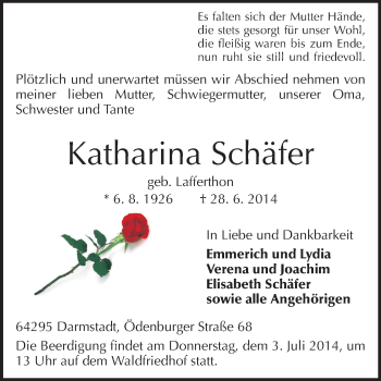Traueranzeige von Katharina Schäfer von Echo-Zeitungen (Gesamtausgabe)