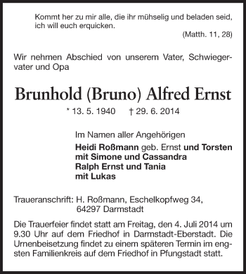 Traueranzeige von Brunhold Alfred Ernst von Echo-Zeitungen (Gesamtausgabe)