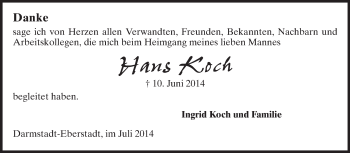 Traueranzeige von Hans Koch von Echo-Zeitungen (Gesamtausgabe)