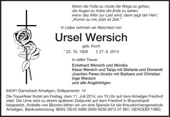Traueranzeige von Ursel Wersich von Echo-Zeitungen (Gesamtausgabe)