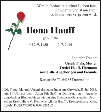 Traueranzeige von Ilona Hauff von Echo-Zeitungen (Gesamtausgabe)