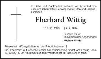 Traueranzeige von Eberhard Wittig von Rüsselsheimer Echo, Groß-Gerauer-Echo, Ried Echo