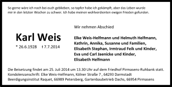 Traueranzeige von Karl Weis von Echo-Zeitungen (Gesamtausgabe)