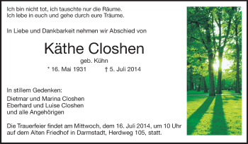 Traueranzeige von Käthe Closhen von Echo-Zeitungen (Gesamtausgabe)